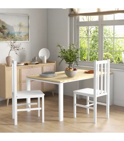 Juego de 2 Sillas de Comedor con Respaldo Alto de Listones y Estructura en Madera de Pino 38,5x47,5x99 cm Blanco