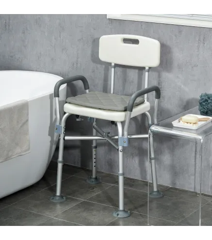 Silla Ducha Personas Mayores con Respaldo Reposabrazos Altura Ajustable Cojín Acolchado Extraíble Carga 136 kg Gris