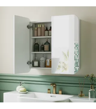 Armario de Baño con Espejo Diseño con Bordes Curvados 2 Puertas Estantes Ajustables 68x13x66 cm Blanco
