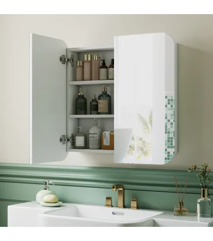 Armario de Baño con Espejo Diseño con Bordes Curvados 2 Puertas Estantes Ajustables 68x13x66 cm Blanco