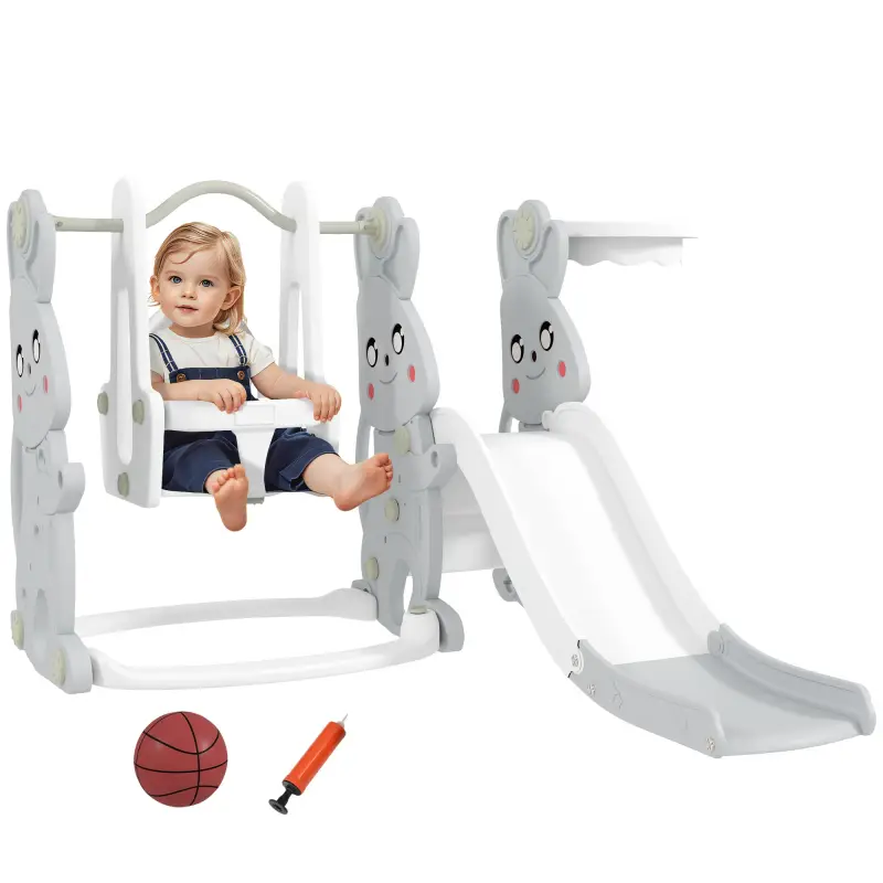 Tobogán Infantil con Columpio con Barandilla y Canasta 4 en 1 para Niños de +18 Meses 147,5x160x107 cm Gris