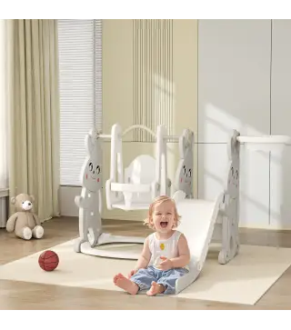 Tobogán Infantil con Columpio con Barandilla y Canasta 4 en 1 para Niños de +18 Meses 147,5x160x107 cm Gris