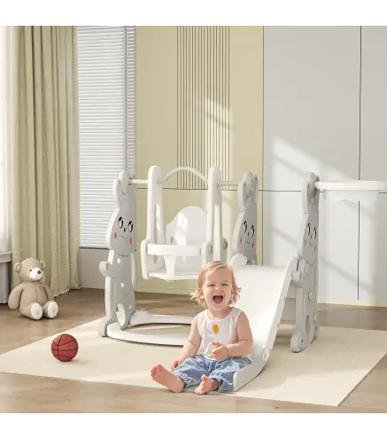 Tobogán Infantil con Columpio con Barandilla y Canasta 4 en 1 para Niños de +18 Meses 147,5x160x107 cm Gris