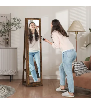 Espejo Joyero Giratorio 360° Armario para Joyas con Cerradura y Espejo Pequeño Incorporado 38x38x160 cm Marrón Rústico