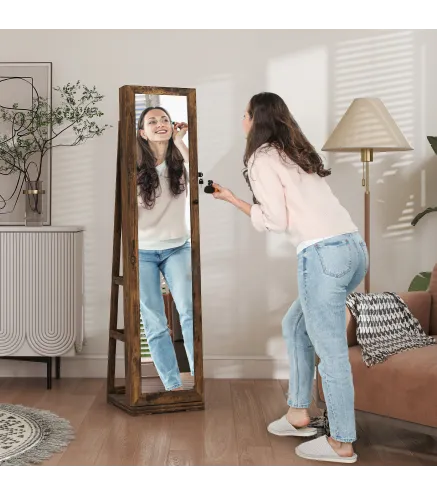 Espejo Joyero Giratorio 360° Armario para Joyas con Cerradura y Espejo Pequeño Incorporado 38x38x160 cm Marrón Rústico