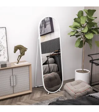 Espejo de Pie Cuerpo Entero con Marco Metálico Espejo de Pared Ovalado con 2 Formas de Uso 40x4x160 cm Blanco