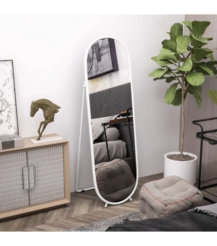 Espejo de Pie Cuerpo Entero con Marco Metálico Espejo de Pared Ovalado con 2 Formas de Uso 40x4x160 cm Blanco