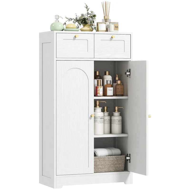 Armario de Baño Estrecho con 2 Cajones Estante Abierto y Puerta con Panel Arqueado 60x30x108 cm Blanco Veteado Armario de Baño Estrecho con 2 Cajones Estante Abierto y Puerta con Panel Arqueado 60x30x108 cm Blanco Veteado