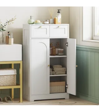 Armario de Baño Estrecho con 2 Cajones Estante Abierto y Puerta con Panel Arqueado 60x30x108 cm Blanco Veteado