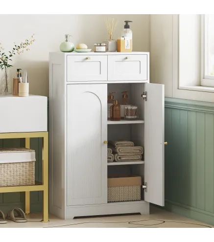 Armario de Baño Estrecho con 2 Cajones Estante Abierto y Puerta con Panel Arqueado 60x30x108 cm Blanco Veteado