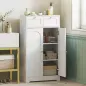 Armario de Baño Estrecho con 2 Cajones Estante Abierto y Puerta con Panel Arqueado 60x30x108 cm Blanco Veteado Armario de Baño Estrecho con 2 Cajones Estante Abierto y Puerta con Panel Arqueado 60x30x108 cm Blanco Veteado