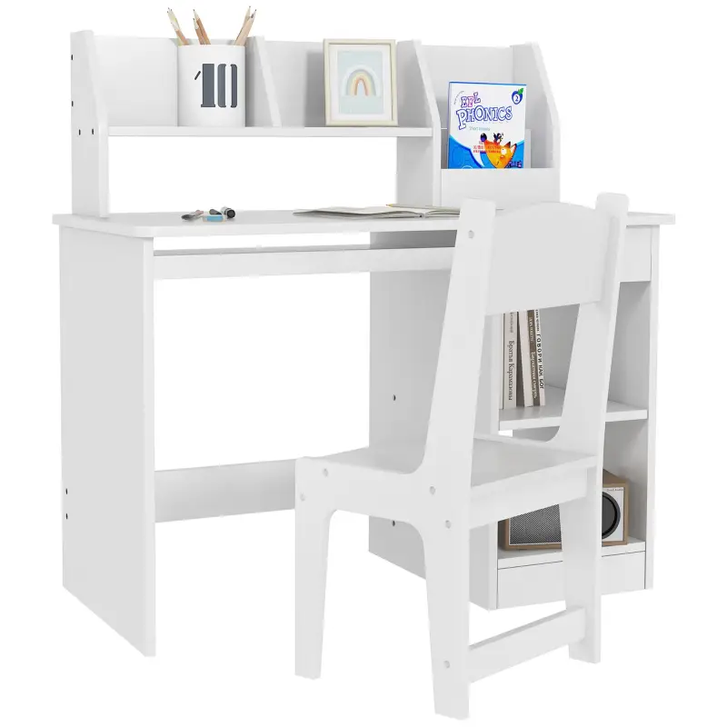 Escritorio y Silla para Niños con Almacenaje para Estudio Lectura y Juegos Mesa 90x45x90 cm y Silla 32x31,5x65 cm Blanco