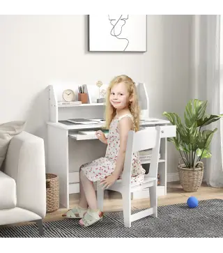 Escritorio y Silla para Niños con Almacenaje para Estudio Lectura y Juegos Mesa 90x45x90 cm y Silla 32x31,5x65 cm Blanco