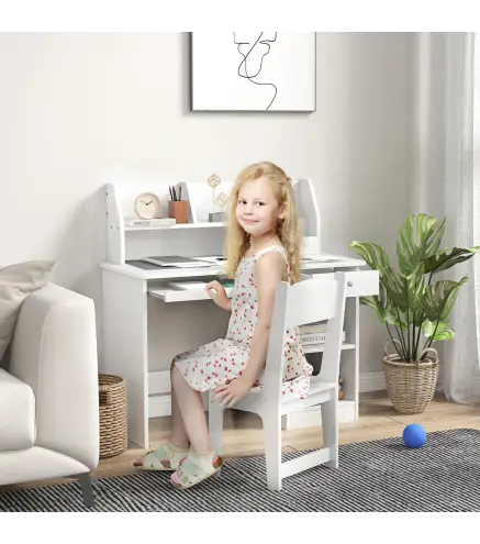 Escritorio y Silla para Niños con Almacenaje para Estudio Lectura y Juegos Mesa 90x45x90 cm y Silla 32x31,5x65 cm Blanco
