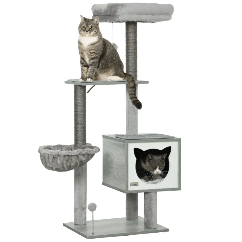 Árbol Rascador para Gatos con Plataforma Torre Escalador para Gatos con Hamaca Caseta Cama Postes 48x40x126 cm Gris