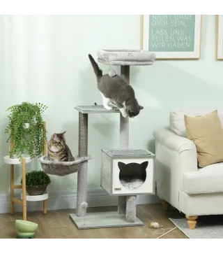 Árbol Rascador para Gatos con Plataforma Torre Escalador para Gatos con Hamaca Caseta Cama Postes 48x40x126 cm Gris
