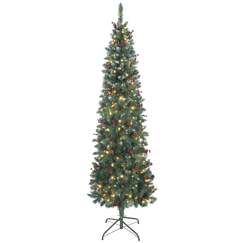 Árbol de Navidad Estrecho 210 cm con Luces LED 8 Modos de Iluminación Ramas con Purpurina Plateada Piñas Bayas Verde