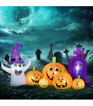 Calabaza Inflable de Halloween con Fantasma Lápida con Luces LED IP44 e Inflador para Fiestas 240x130x130 cm Multicolor