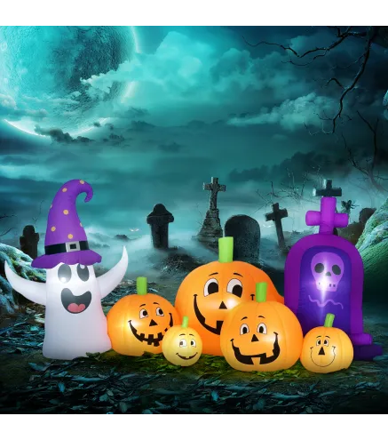 Calabaza Inflable de Halloween con Fantasma Lápida con Luces LED IP44 e Inflador para Fiestas 240x130x130 cm Multicolor