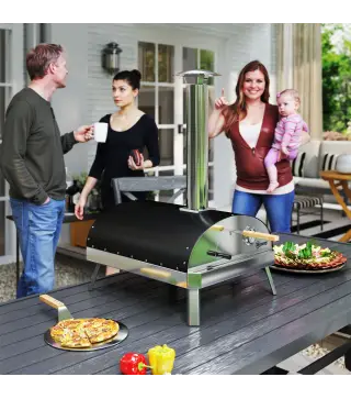 Mini Horno de Pizza de Leña con Piedra Refractaria Termómetro y Bandeja Giratoria para Jardín Terraza o Camping