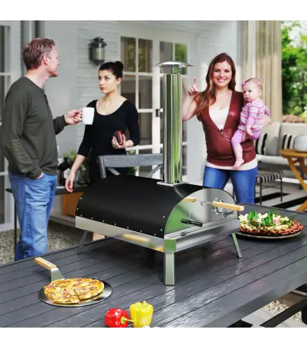 Mini Horno de Pizza de Leña con Piedra Refractaria Termómetro y Bandeja Giratoria para Jardín Terraza o Camping