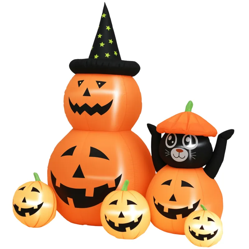Calabaza Inflable de Halloween con Gato de 6 Pies con Luces LED IP44 e Inflador para Fiestas 160x100x180 cm Naranja
