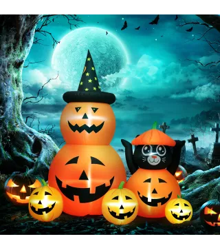 Calabaza Inflable de Halloween con Gato de 6 Pies con Luces LED IP44 e Inflador para Fiestas 160x100x180 cm Naranja