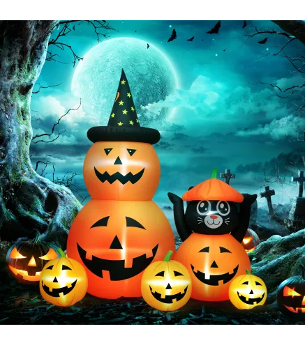 Calabaza Inflable de Halloween con Gato de 6 Pies con Luces LED IP44 e Inflador para Fiestas 160x100x180 cm Naranja