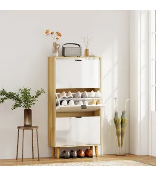 Zapatero Estrecho con 3 Puertas en Blanco Brillo Estantes Ajustables Patas de Madera para 18 Pares de Zapatos