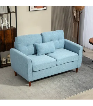 Sofá de 2 Plazas Tapizado en Lino Sintético para Salón Moderno con Reposabrazos Patas de Madera 140x78x83 cm Azul Claro