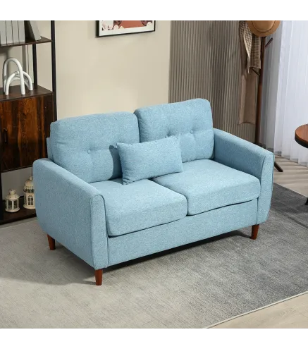 Sofá de 2 Plazas Tapizado en Lino Sintético para Salón Moderno con Reposabrazos Patas de Madera 140x78x83 cm Azul Claro