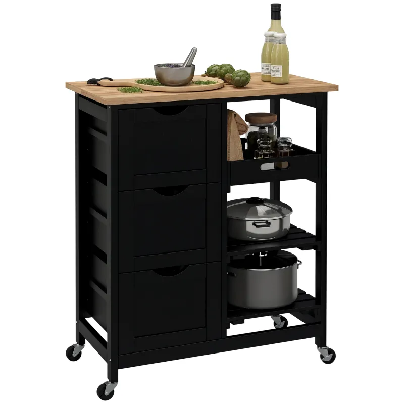 Carro de Cocina Carrito Auxiliar con Ruedas con 3 Cajones 2 Estantes Abiertos y Bandeja Extraíble 67x37x85,5 cm Negro