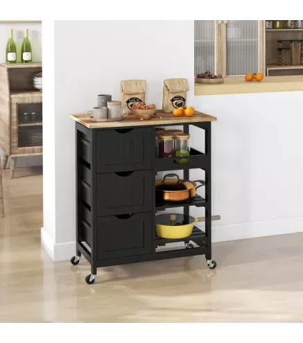 Carro de Cocina Carrito Auxiliar con Ruedas con 3 Cajones 2 Estantes Abiertos y Bandeja Extraíble 67x37x85,5 cm Negro