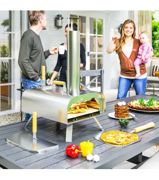 Mini Horno de Leña para Pizza con Piedra Refractaria Pala y Patas Plegables para Camping y Exterior 79x36x75 cm Plata