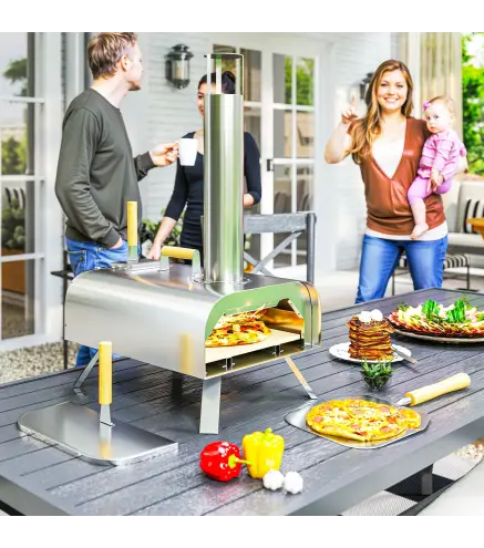 Mini Horno de Leña para Pizza con Piedra Refractaria Pala y Patas Plegables para Camping y Exterior 79x36x75 cm Plata