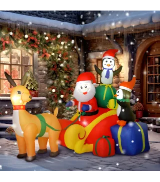 Papá Noel Hinchable con Trineo Pingüinos y Renos Luces LED Decoración de Navidad para Exterior e Interior 180x120x155 cm