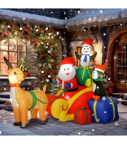 Papá Noel Hinchable con Trineo Pingüinos y Renos Luces LED Decoración de Navidad para Exterior e Interior 180x120x155 cm