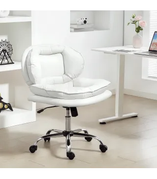 Silla de Oficina Piernas Cruzadas con Asiento Ancho Ruedas Altura Ajustable Doble Acolchado Función Basculante Blanco