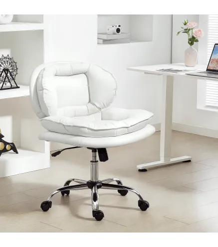 Silla de Oficina Piernas Cruzadas con Asiento Ancho Ruedas Altura Ajustable Doble Acolchado Función Basculante Blanco