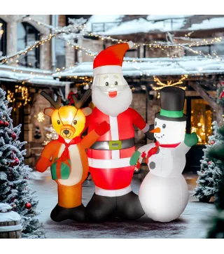 Papá Noel Inflable 150 cm con Reno y Muñeco de Nieve Luces LED e Inflador Eléctrico para Exterior Jardín Césped
