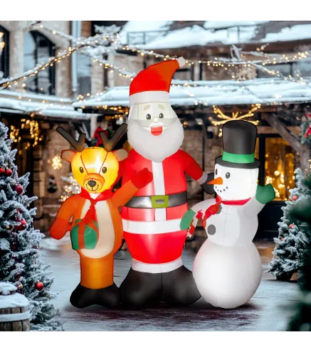 Papá Noel Inflable 150 cm con Reno y Muñeco de Nieve Luces LED e Inflador Eléctrico para Exterior Jardín Césped