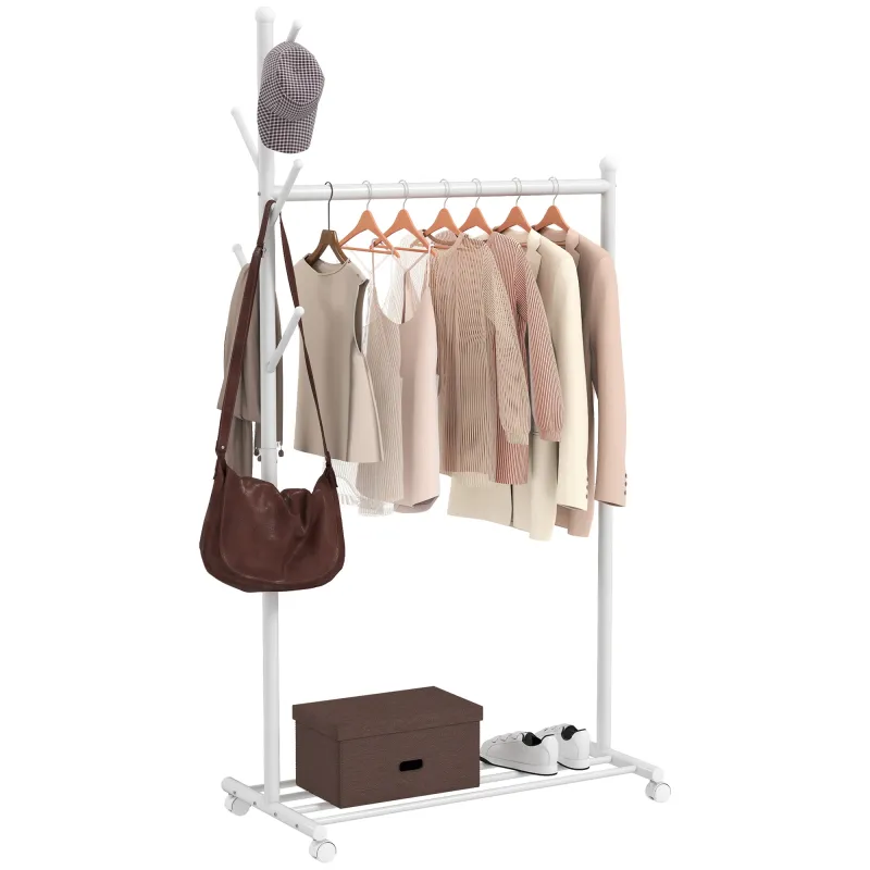 Burro para Ropa con Ruedas 5 Ganchos Barra para Colgar y Balda Inferior para Recibidor Entrada 86x43x171 cm Blanco