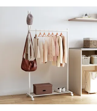 Burro para Ropa con Ruedas 5 Ganchos Barra para Colgar y Balda Inferior para Recibidor Entrada 86x43x171 cm Blanco