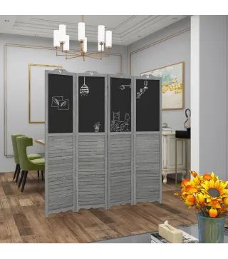 Biombo Separador de Ambientes Plegable de 4 Paneles de Madera con Pizarras para Dormitorio 162x172 cm Gris