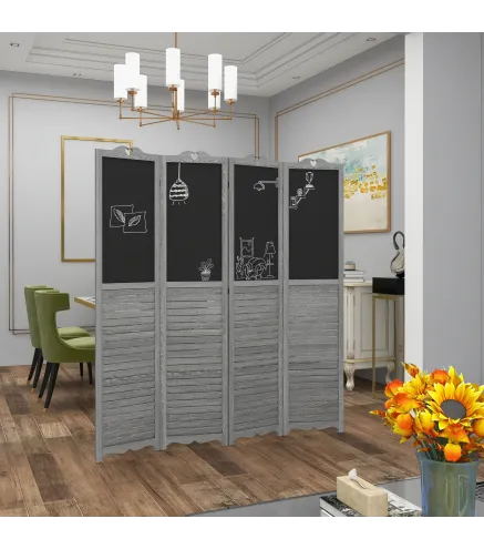 Biombo Separador de Ambientes Plegable de 4 Paneles de Madera con Pizarras para Dormitorio 162x172 cm Gris