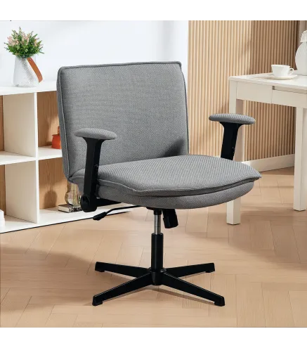Silla de Oficina Piernas Cruzadas con Reposabrazos Abatible Asiento Ancho sin Ruedas Altura Ajustable Giratoria Gris