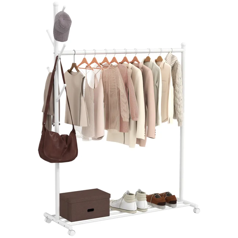 Burro para Ropa con Ruedas 5 Ganchos Barra para Colgar y Balda Inferior para Recibidor Entrada 120x43x171 cm Blanco