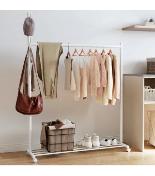 Burro para Ropa con Ruedas 5 Ganchos Barra para Colgar y Balda Inferior para Recibidor Entrada 120x43x171 cm Blanco