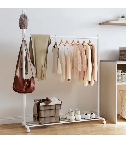 Burro para Ropa con Ruedas 5 Ganchos Barra para Colgar y Balda Inferior para Recibidor Entrada 120x43x171 cm Blanco