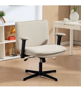 Silla de Oficina Piernas Cruzadas con Reposabrazos Abatible Asiento Ancho sin Ruedas Altura Ajustable Giratoria Crema